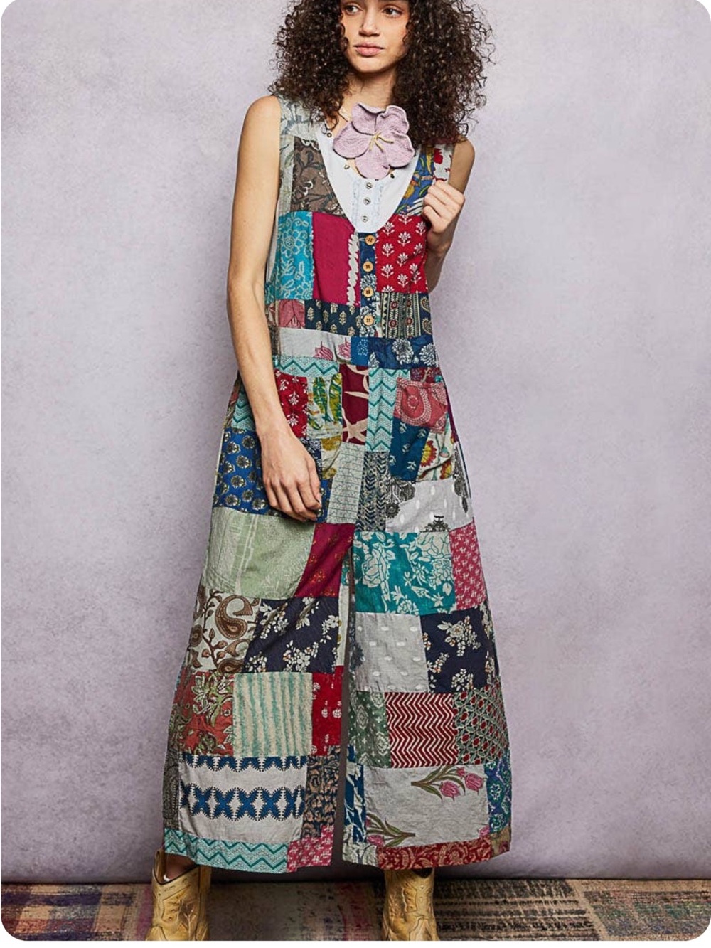 New: POL Boho Mixed Patchwork Lightweight Cropped Wide Leg Jumpsuit• Medium - Picture 6 of 9
